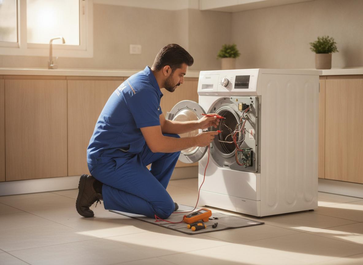 Professional Siant Misr technician repairing a washing machine in a customer's home